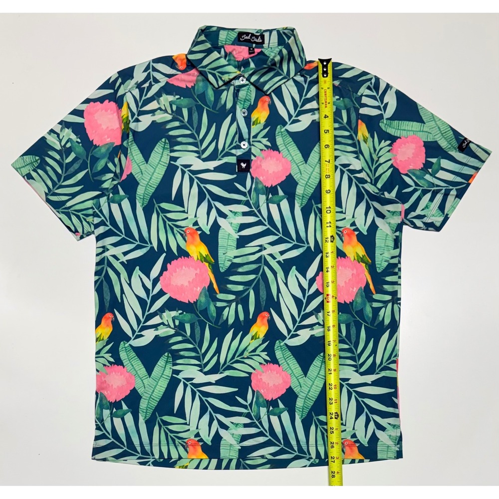 Bad Birdie Mens Golf Polo Shirt Medium Teal Tropical Parrot Floral Short Sleeve